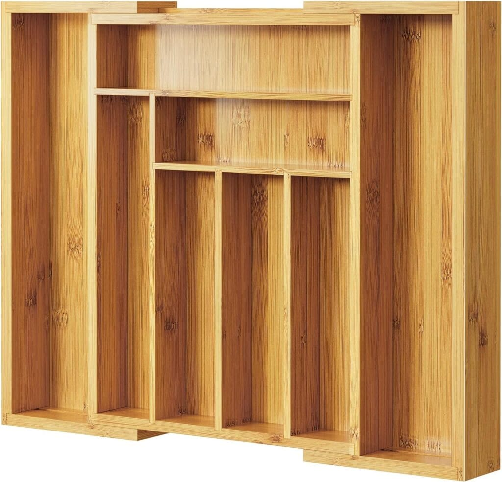 Bamboo Drawer Organizer for Kitchen - Pipishell Bamboo Expandable Silverware Drawer Organizer