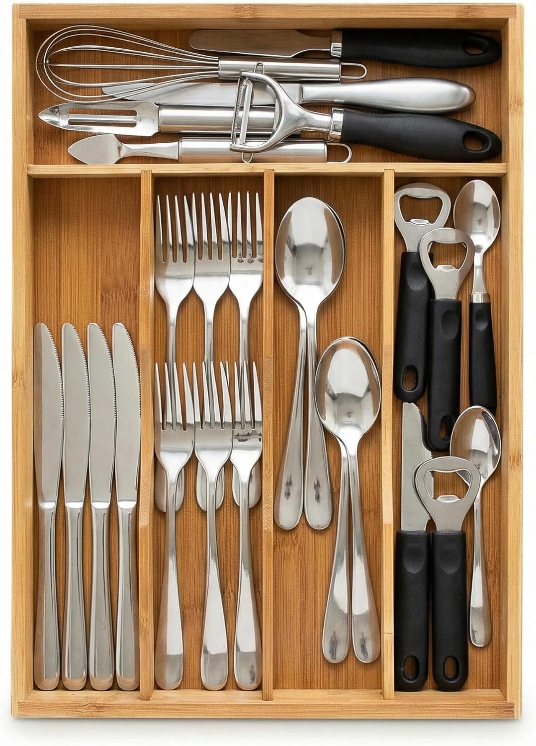 Bamboo Drawer Organizer for Kitchen - Bamboo Drawer Organizer - Kitchen Utensil Holder, 5 Slo
