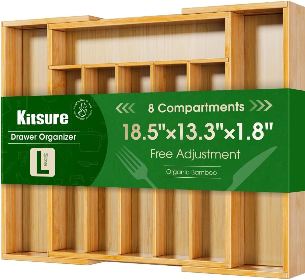 Bamboo Drawer Organizer for Kitchen - Kitsure Silverware Organizer - Expandable Bamboo Kitche
