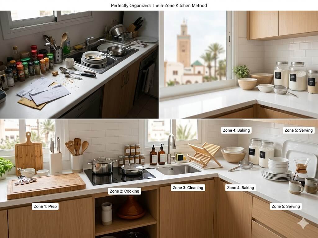 Kitchen Counter Organization: The 5-Zone Method - organized kitchen zones for efficient cooking workflow