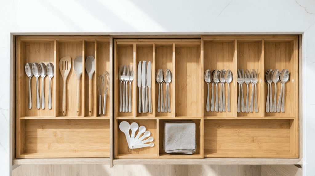 Best kitchen drawer dividers in bamboo for cutlery and utensil organization