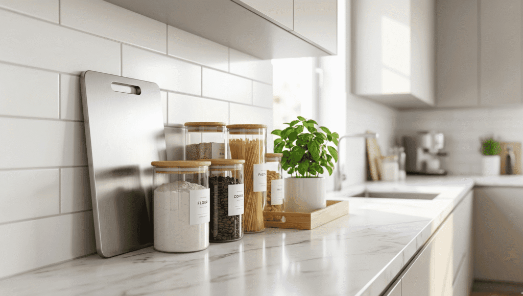 Ultimate kitchen declutter guide with organized countertops and modern storage solutions