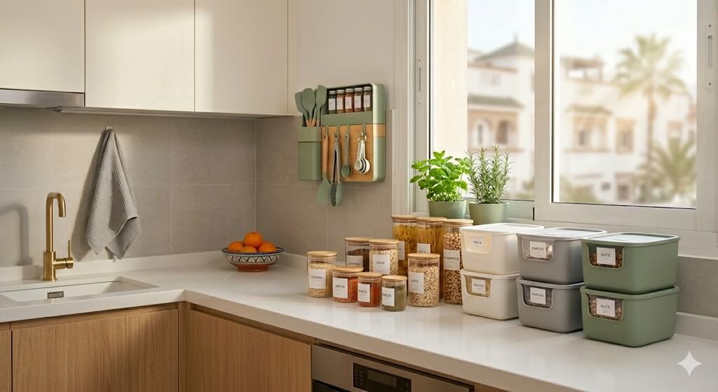 Organized kitchen counter with labeled storage containers and a woman reaching for quick organization solution