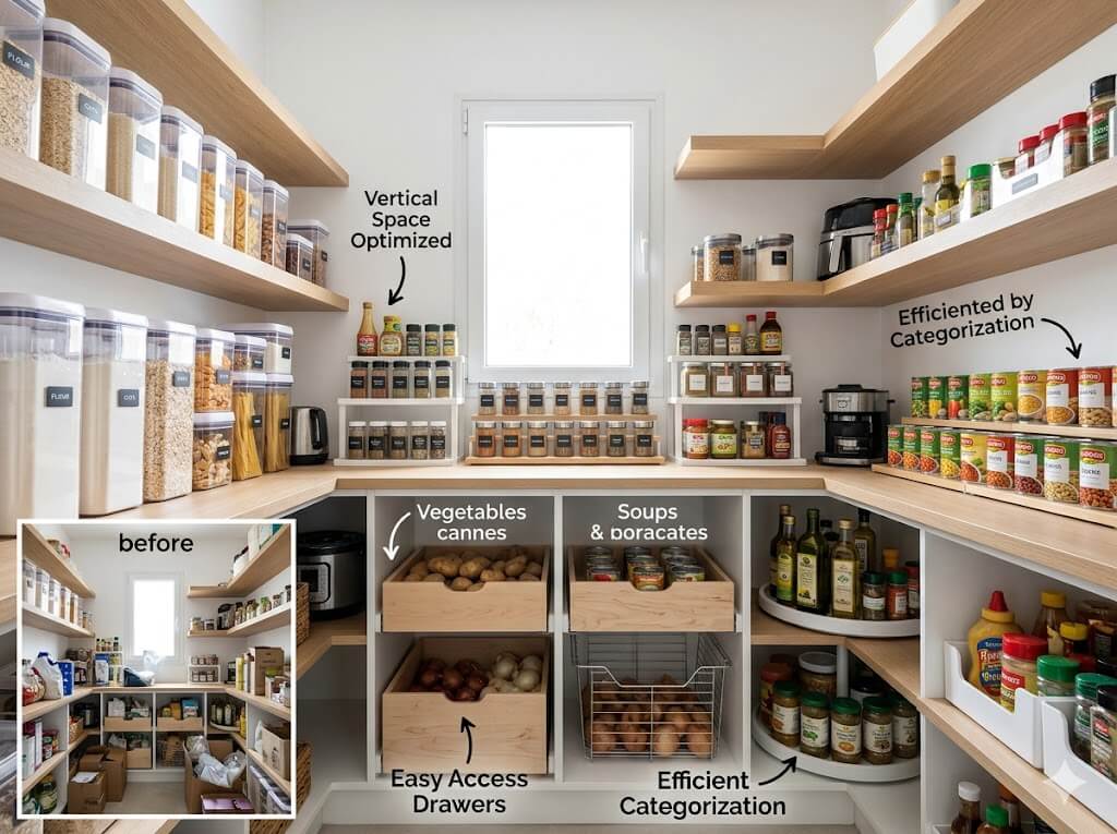 How to organize a deep pantry you can actually see - organized kitchen storage with clear containers, labeled shelves, and space-saving solutions