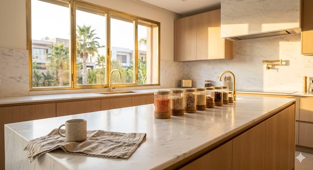 A perfectly organized modern kitchen with marble countertops and glass storage jars, showcasing why your kitchen gets messy and how to fix it with smart organization.
