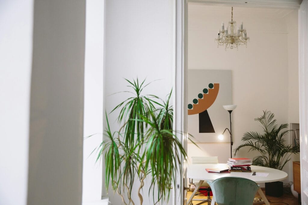 Stylish apartment interior featuring modern art and lush houseplants.