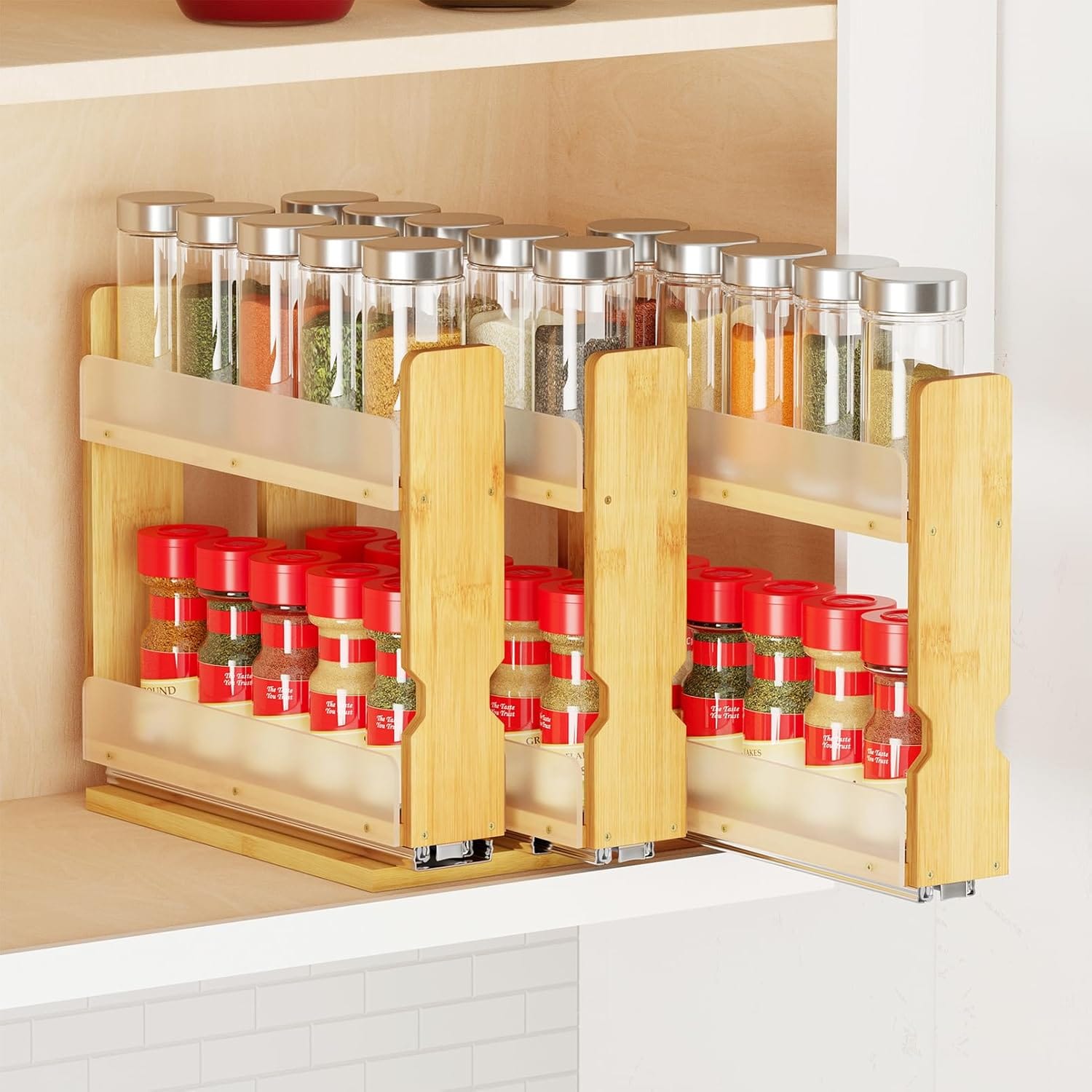 Best Spice Rack Organizers for Small Kitchens - SpaceAid Bamboo Pull Out Spice Rack Organizer for Cabin