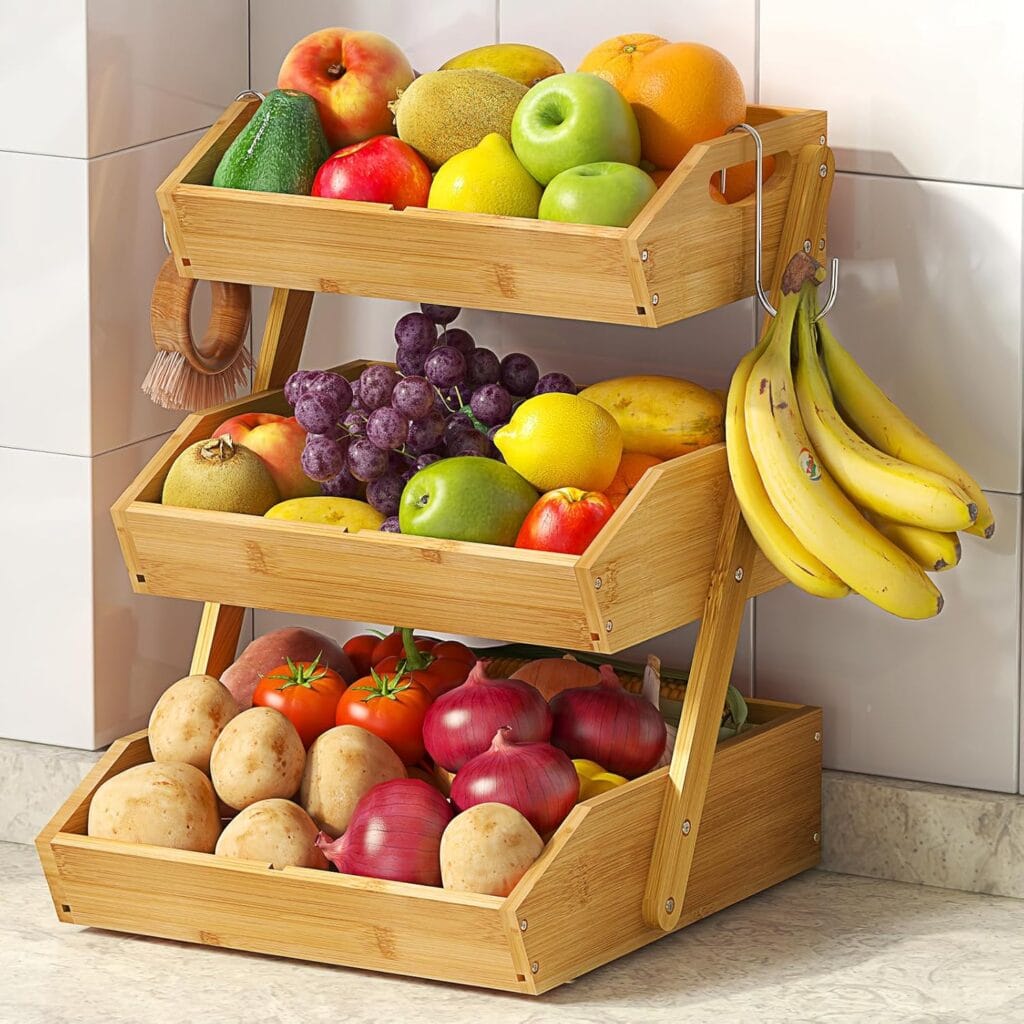 Best Countertop Organizers for Kitchen - Sevenblue 3 Tier Large Bamboo Fruit Basket for Kitchen