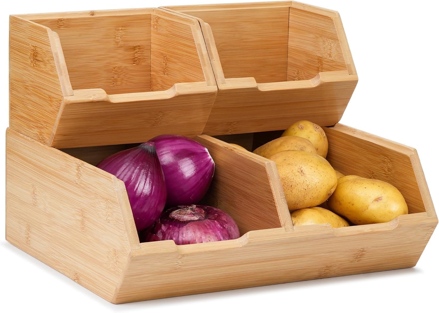 Best Sustainable Pantry Storage Bins for Eco-Friendly Kitchens - 3 Pack Stackable Bamboo Potato Onion Storage Bins - Pan