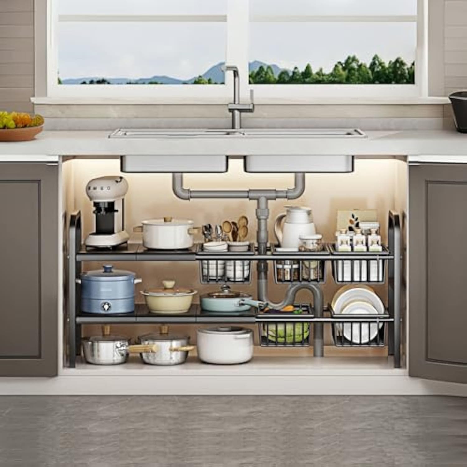 Best Under-Sink Organizers for Small Kitchens - Under Sink Organizer，2 Tier Expandable Heavy Duty Metal