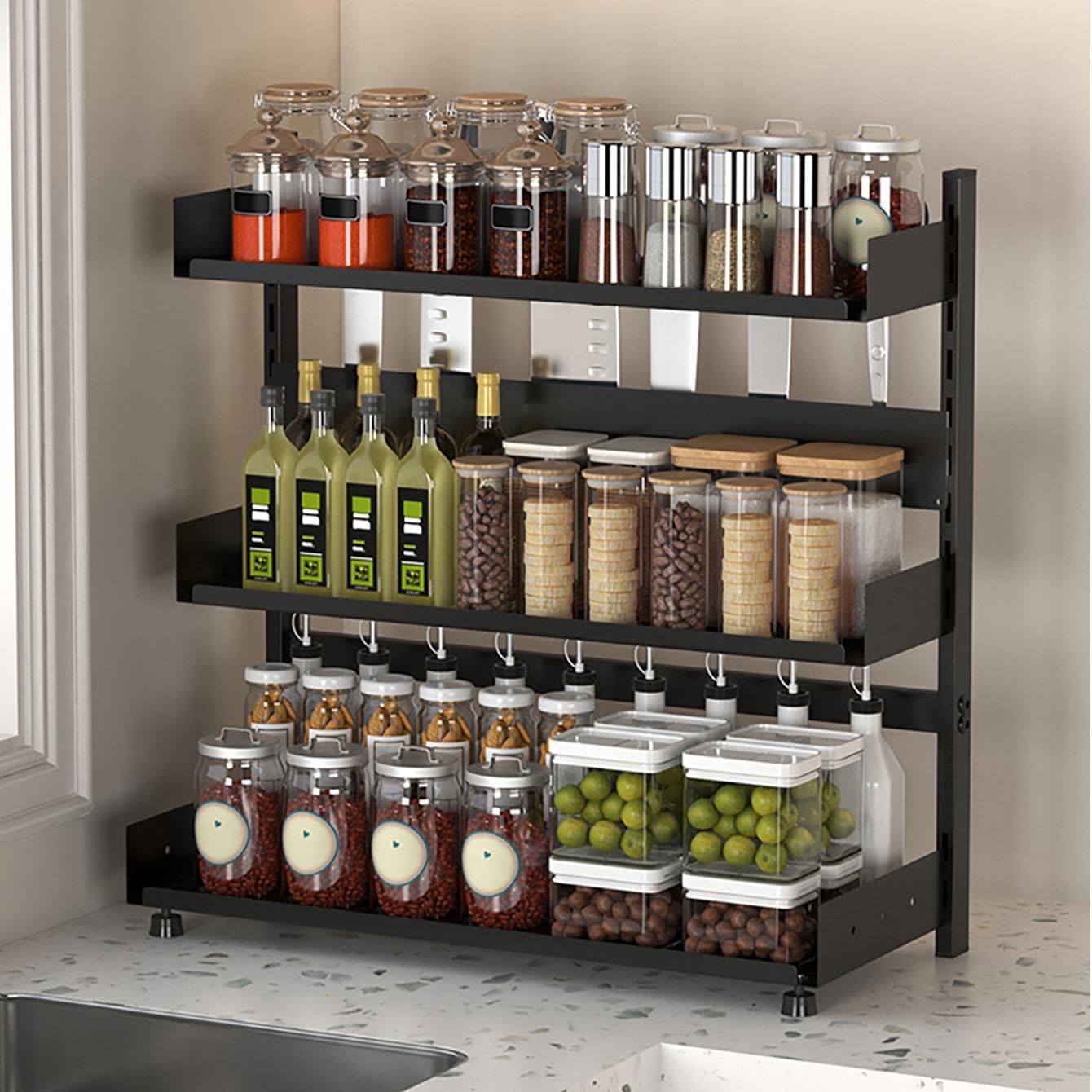 Best Spice Rack Organizers for Small Kitchens - 3-Tier Spice Rack Organizer with Knife Holder, Black Me